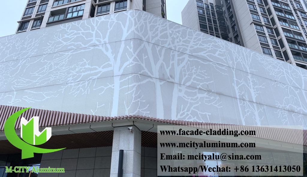 Perforated metal screen for wall cladding, facade with tree design External panels supplier 